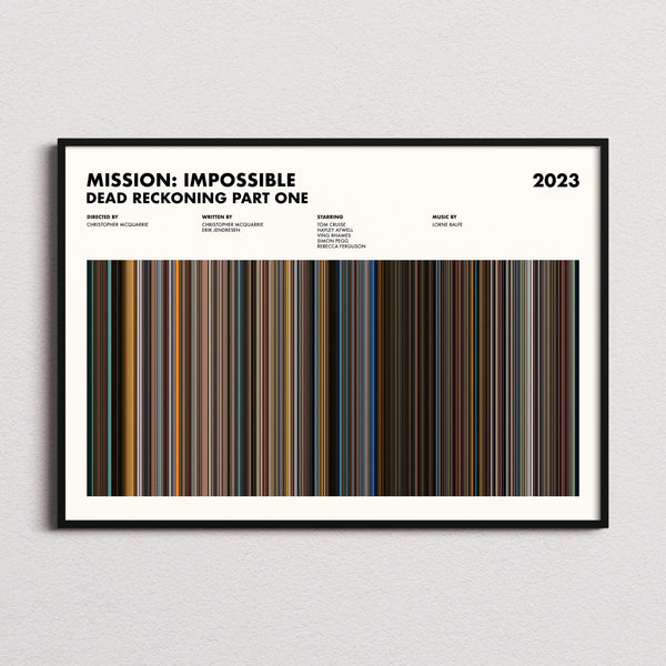 Mission: Impossible Dead Reckoning Part One Movie Barcode Poster framed and photographed straight on
