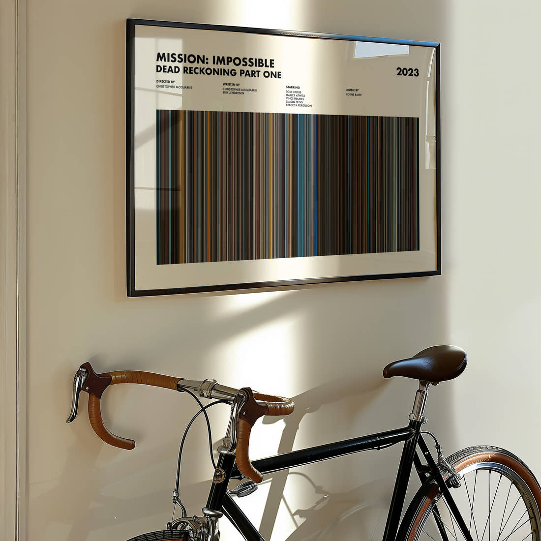 Mission: Impossible Dead Reckoning Part One Movie Barcode Poster framed on the wall of a styled room setting