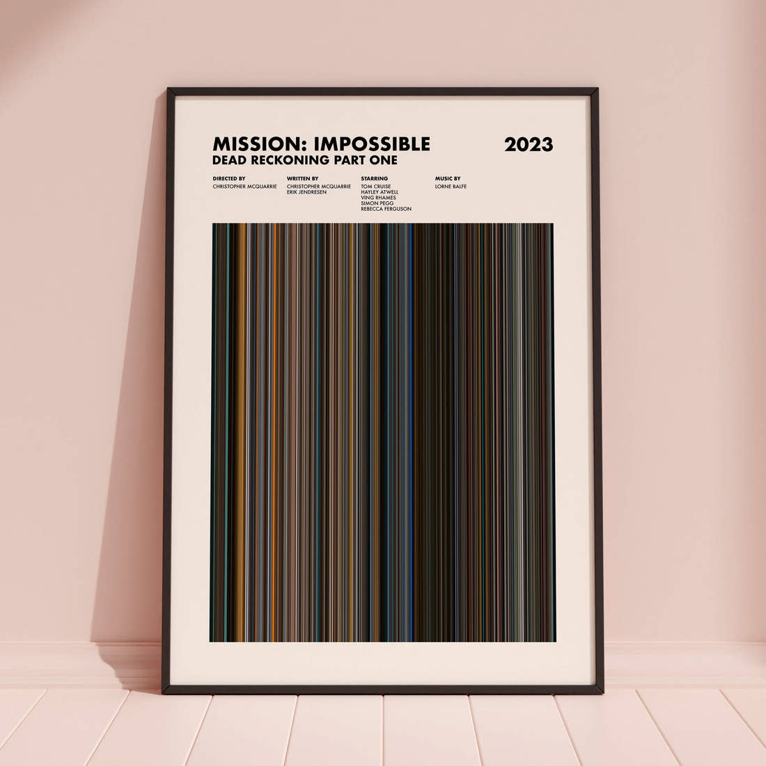 Mission: Impossible Dead Reckoning Part One Movie Barcode Poster framed and leaning against a coloured wall