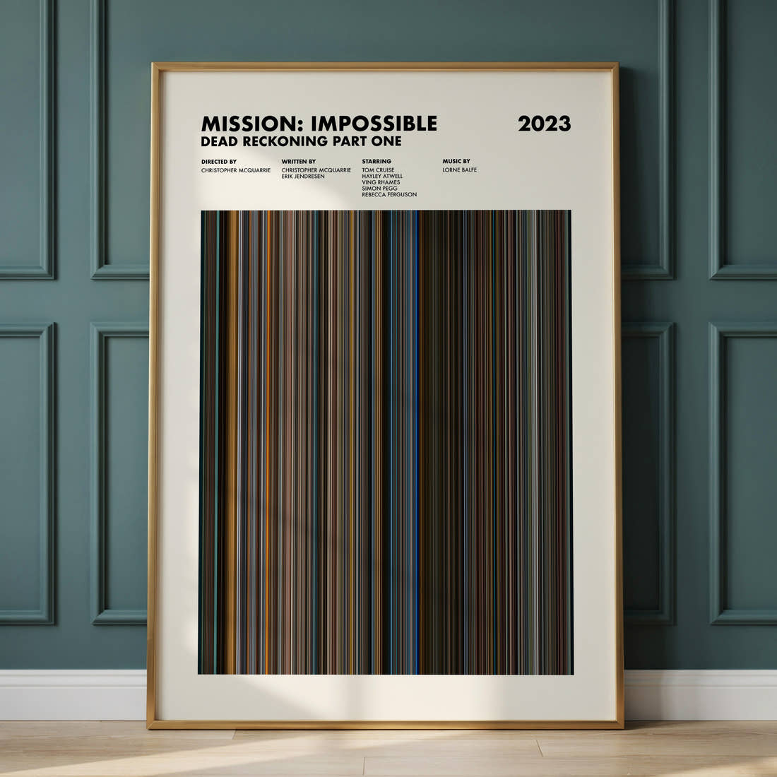 Mission: Impossible Dead Reckoning Part One Movie Barcode Poster framed and leaning against a panelled wall