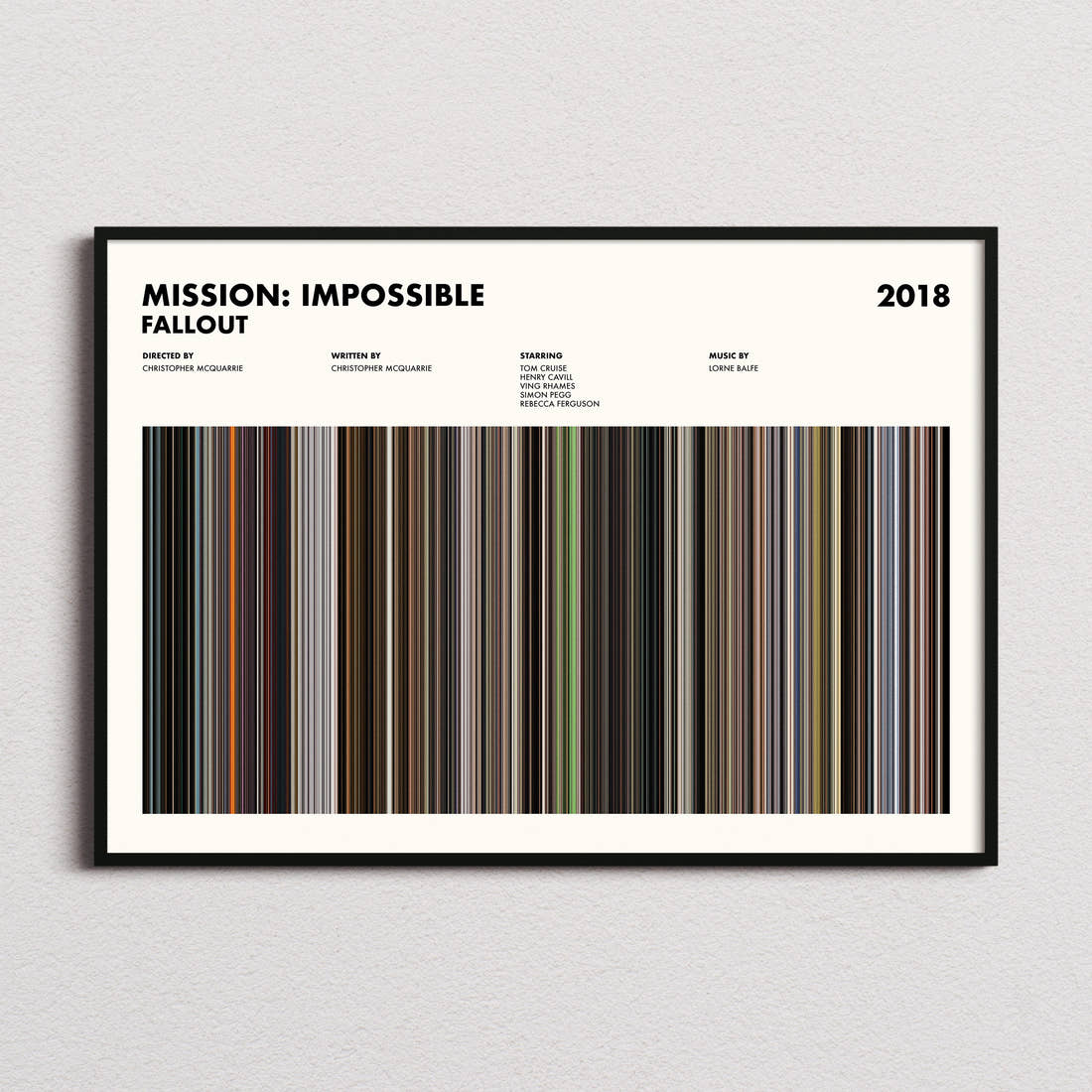 Mission: Impossible Fallout Movie Barcode Poster framed and photographed straight on