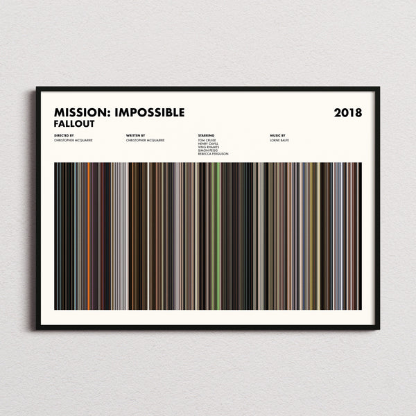 Mission: Impossible Fallout Movie Barcode Poster framed and photographed straight on