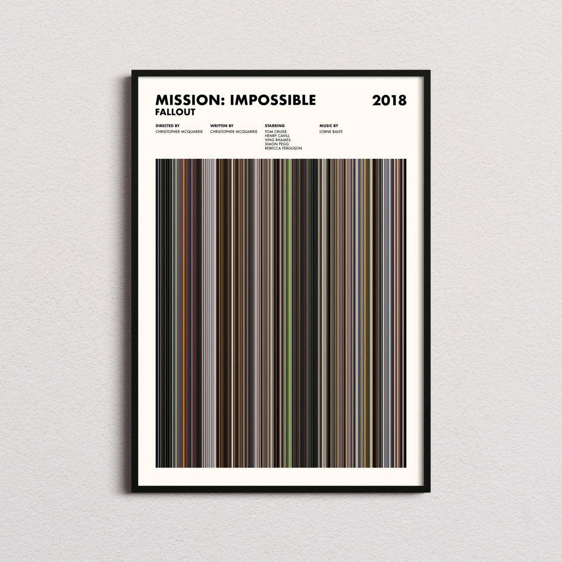 Mission: Impossible Fallout Movie Barcode Poster framed on a plain studio wall