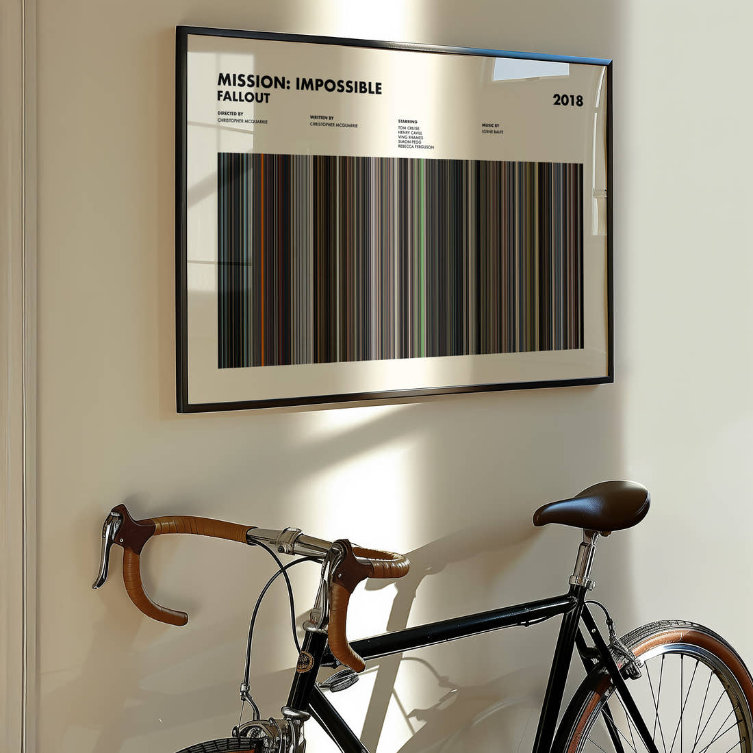 Mission: Impossible Fallout Movie Barcode Poster framed on the wall of a styled room setting