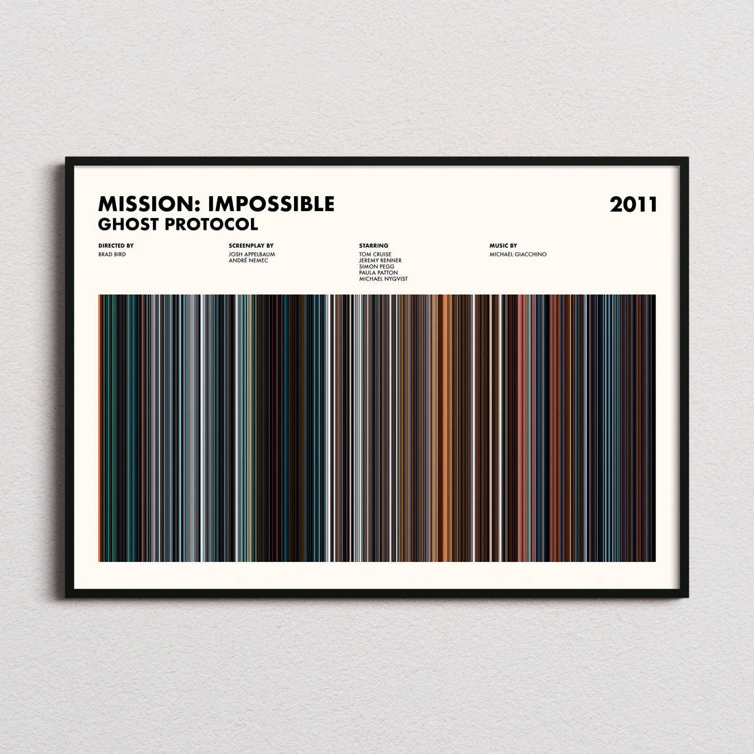 Mission: Impossible Ghost Protocol Movie Barcode Poster framed and photographed straight on