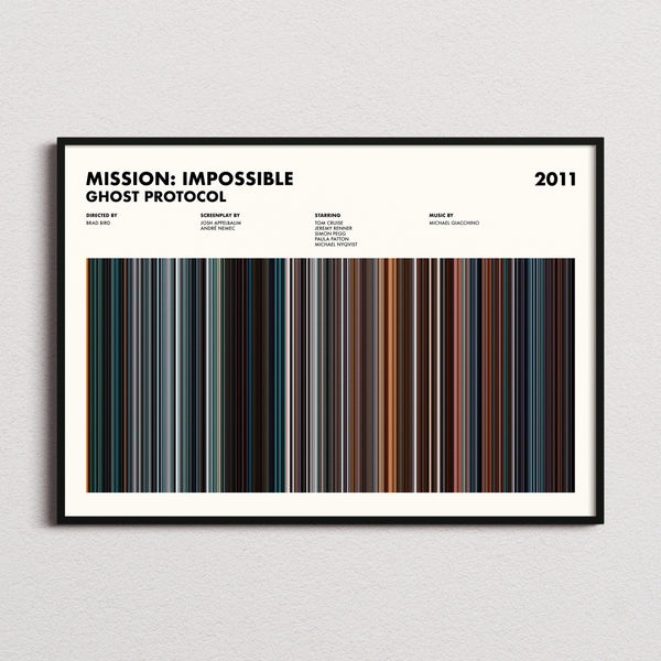 Mission: Impossible Ghost Protocol Movie Barcode Poster framed and photographed straight on