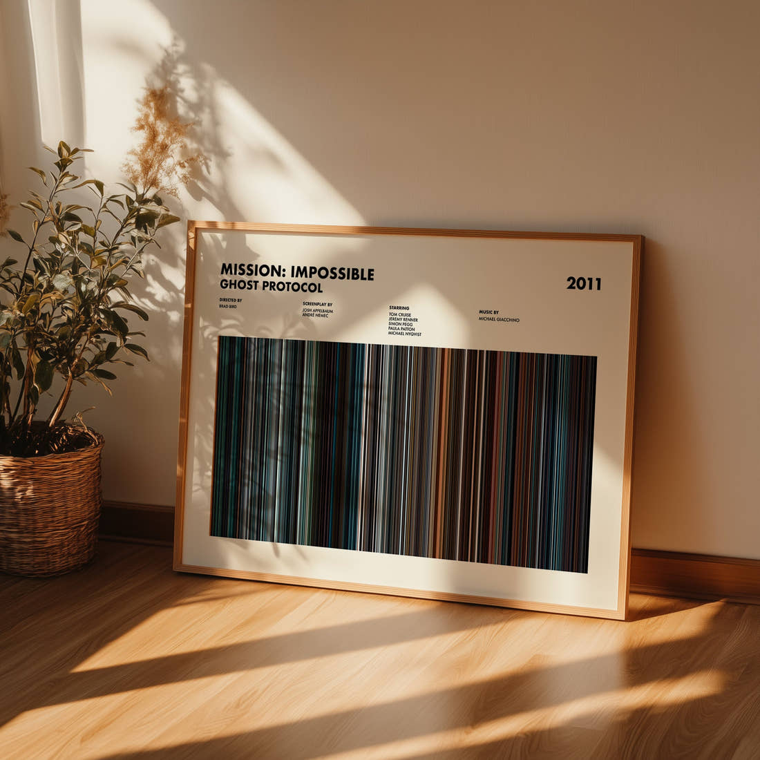 Mission: Impossible Ghost Protocol Movie Barcode Poster framed and leaning against a wall on a wooden floor