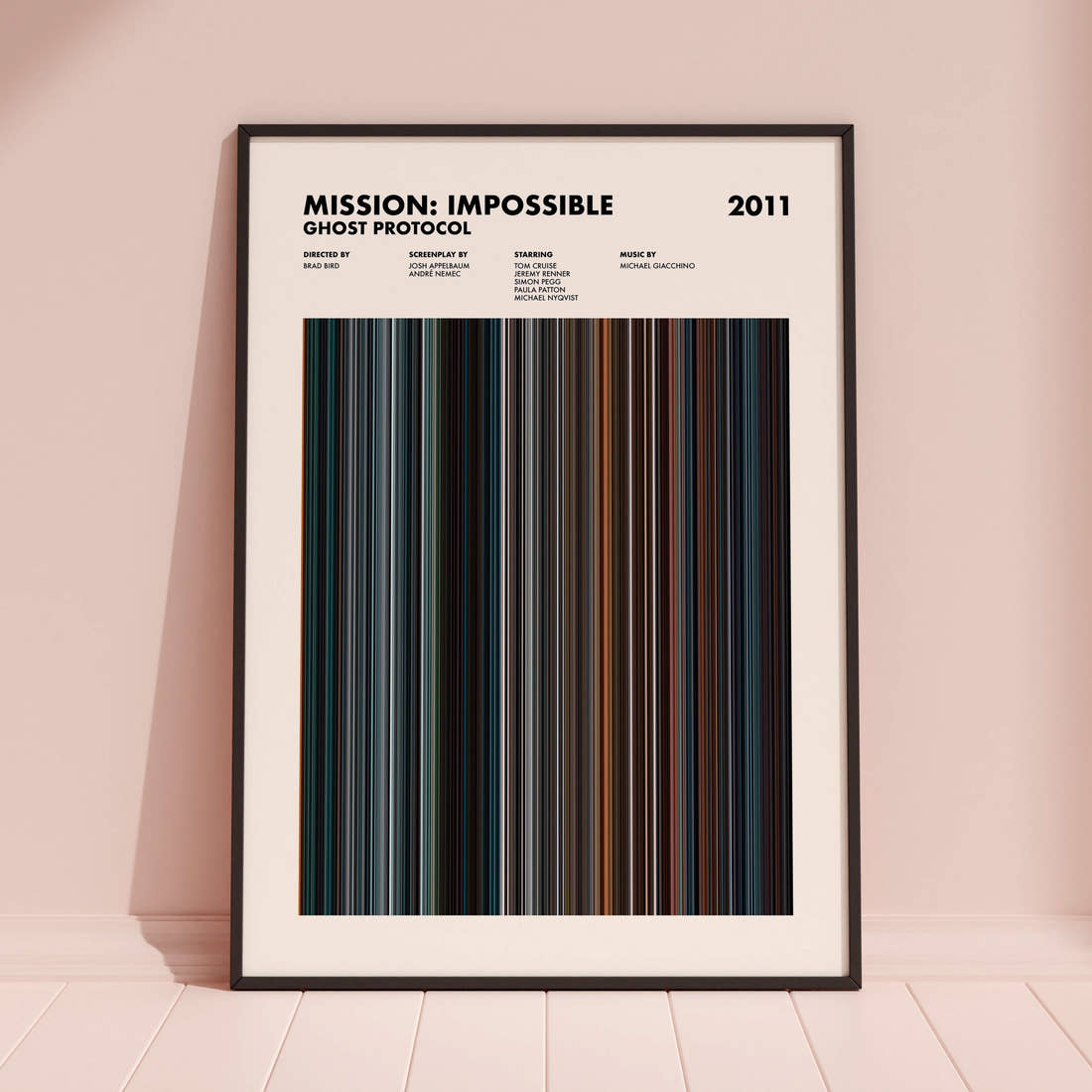 Mission: Impossible Ghost Protocol Movie Barcode Poster framed and leaning against a coloured wall