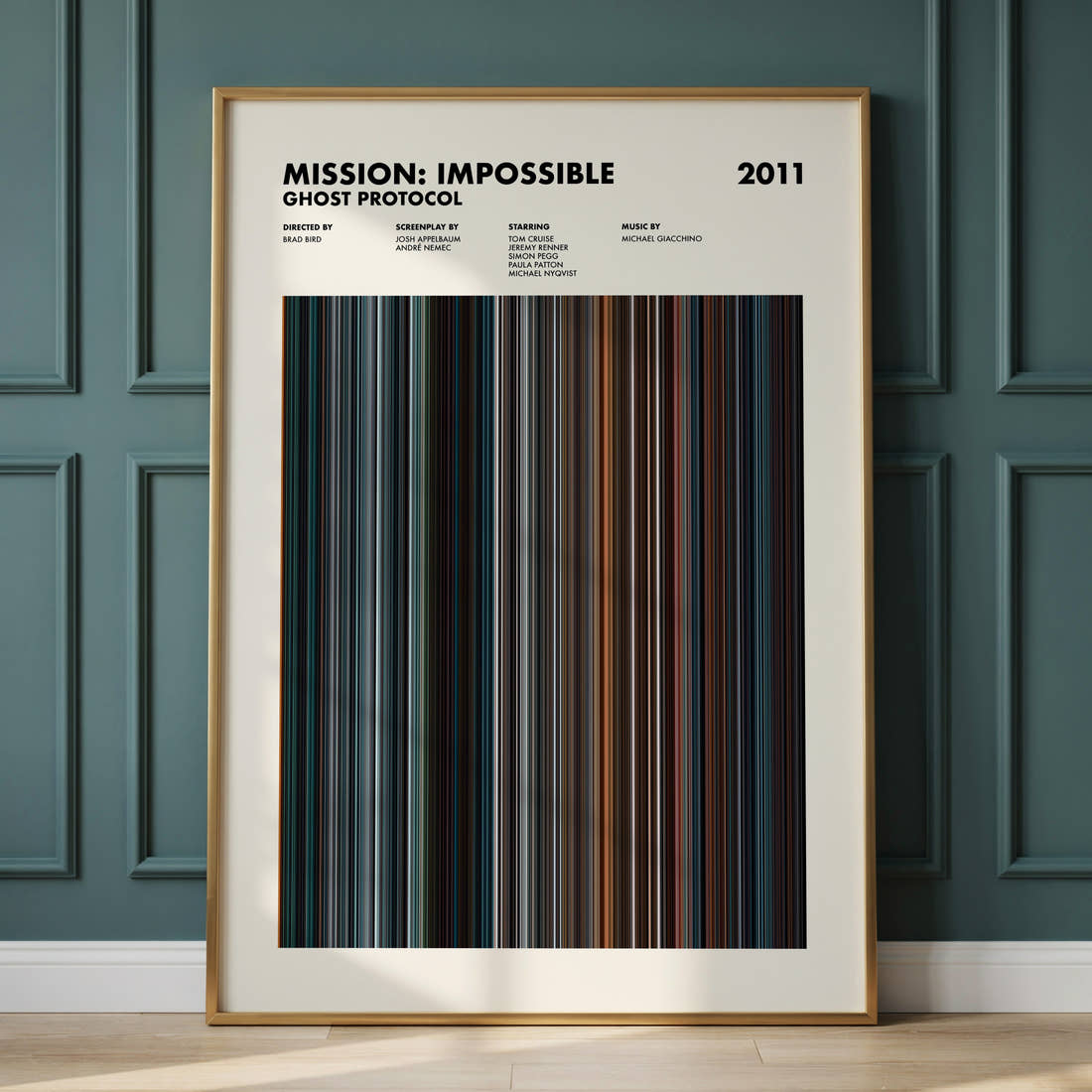 Mission: Impossible Ghost Protocol Movie Barcode Poster framed and leaning against a panelled wall