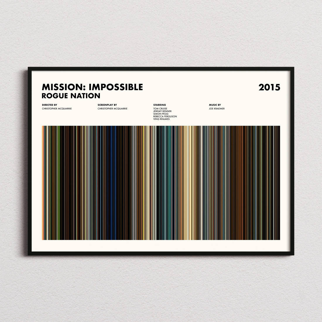 Mission: Impossible Rogue Nation Movie Barcode Poster framed and photographed straight on