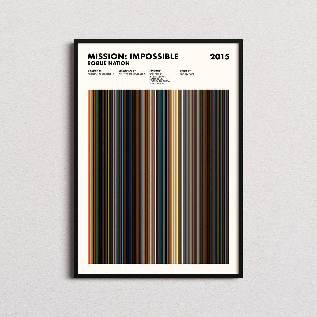 Mission: Impossible Rogue Nation Movie Barcode Poster framed on a plain studio wall