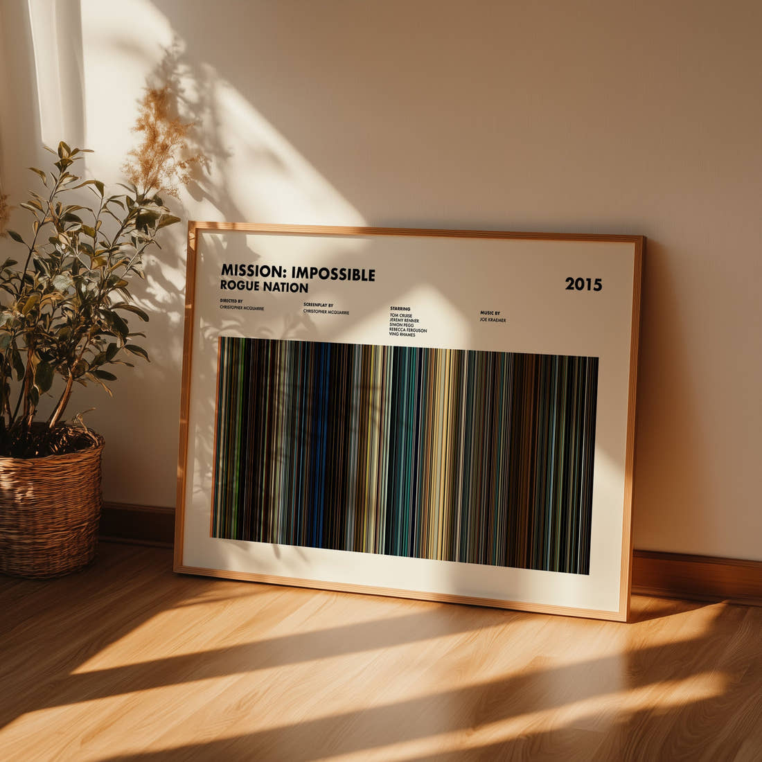 Mission: Impossible Rogue Nation Movie Barcode Poster framed and leaning against a wall on a wooden floor