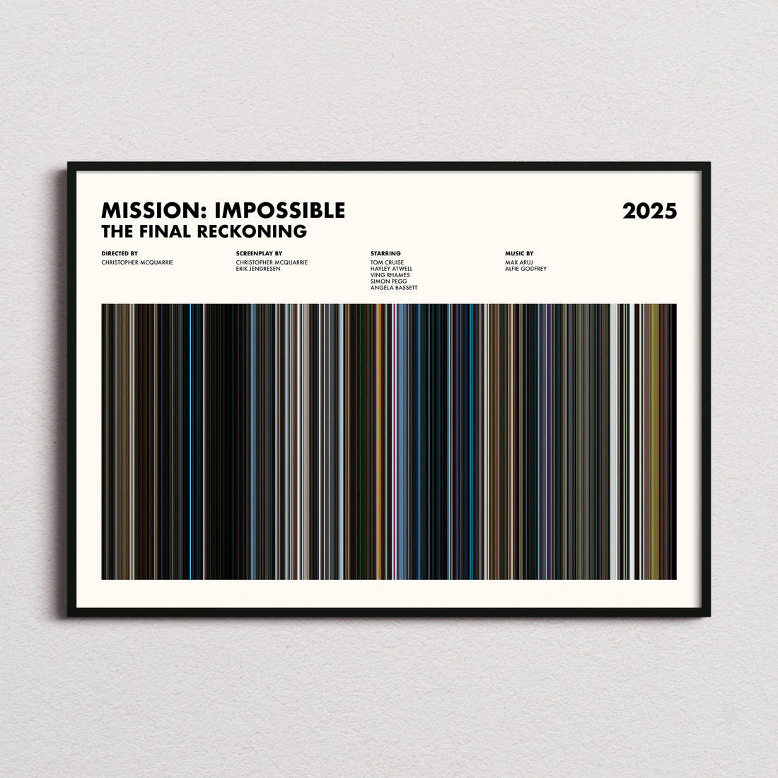 Mission: Impossible The Final Reckoning Movie Barcode Poster framed and photographed straight on