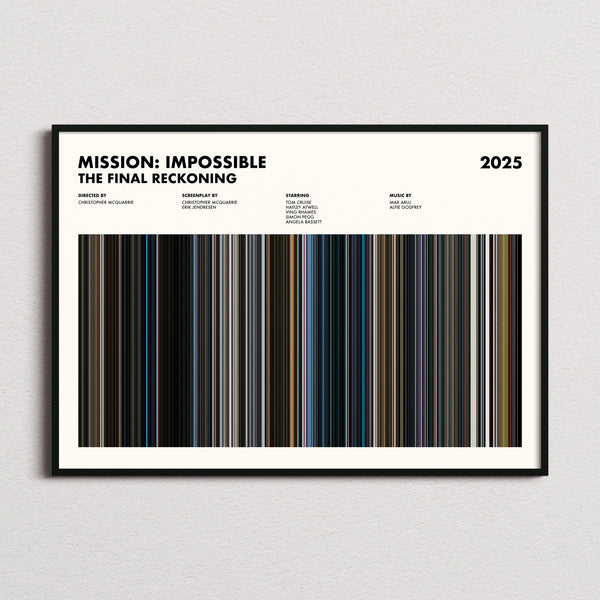 Mission: Impossible The Final Reckoning Movie Barcode Poster framed and photographed straight on