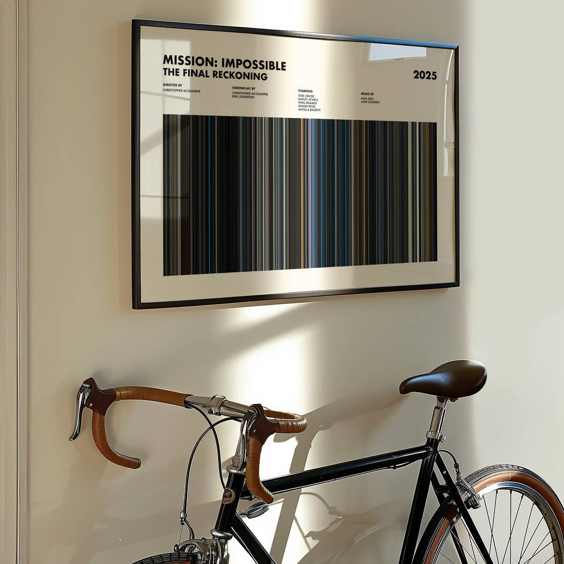 Mission: Impossible The Final Reckoning Movie Barcode Poster framed on the wall of a styled room setting