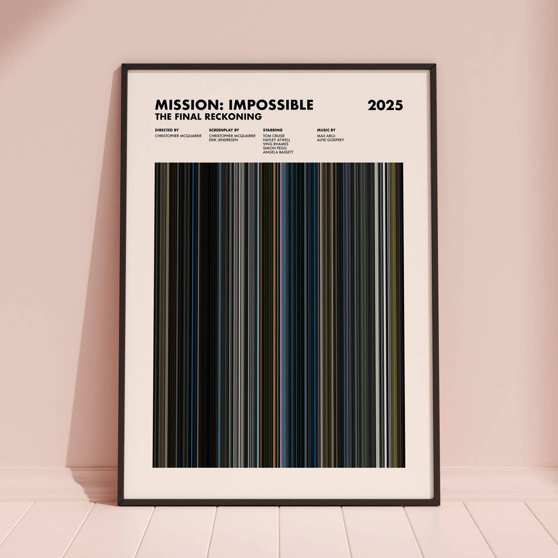 Mission: Impossible The Final Reckoning Movie Barcode Poster framed and leaning against a coloured wall