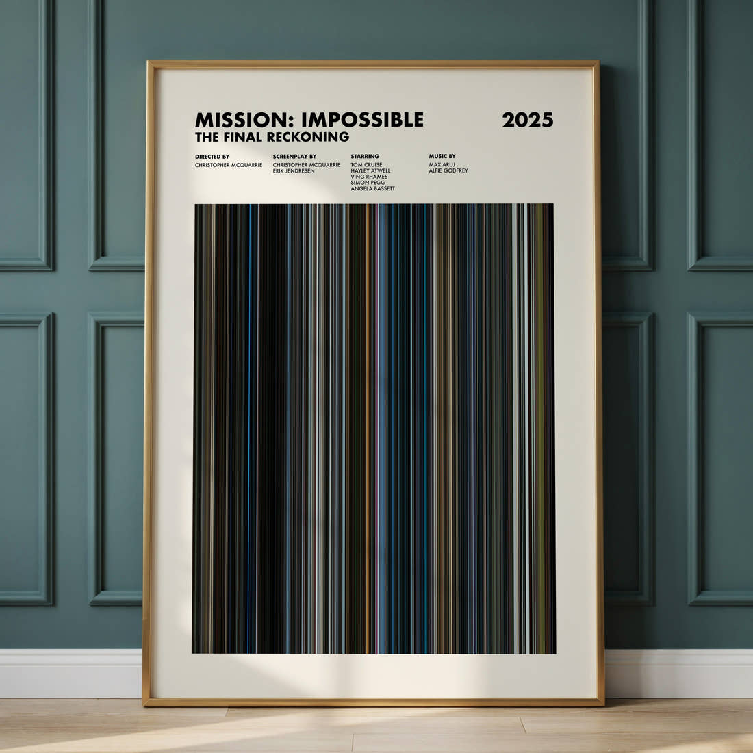Mission: Impossible The Final Reckoning Movie Barcode Poster framed and leaning against a panelled wall