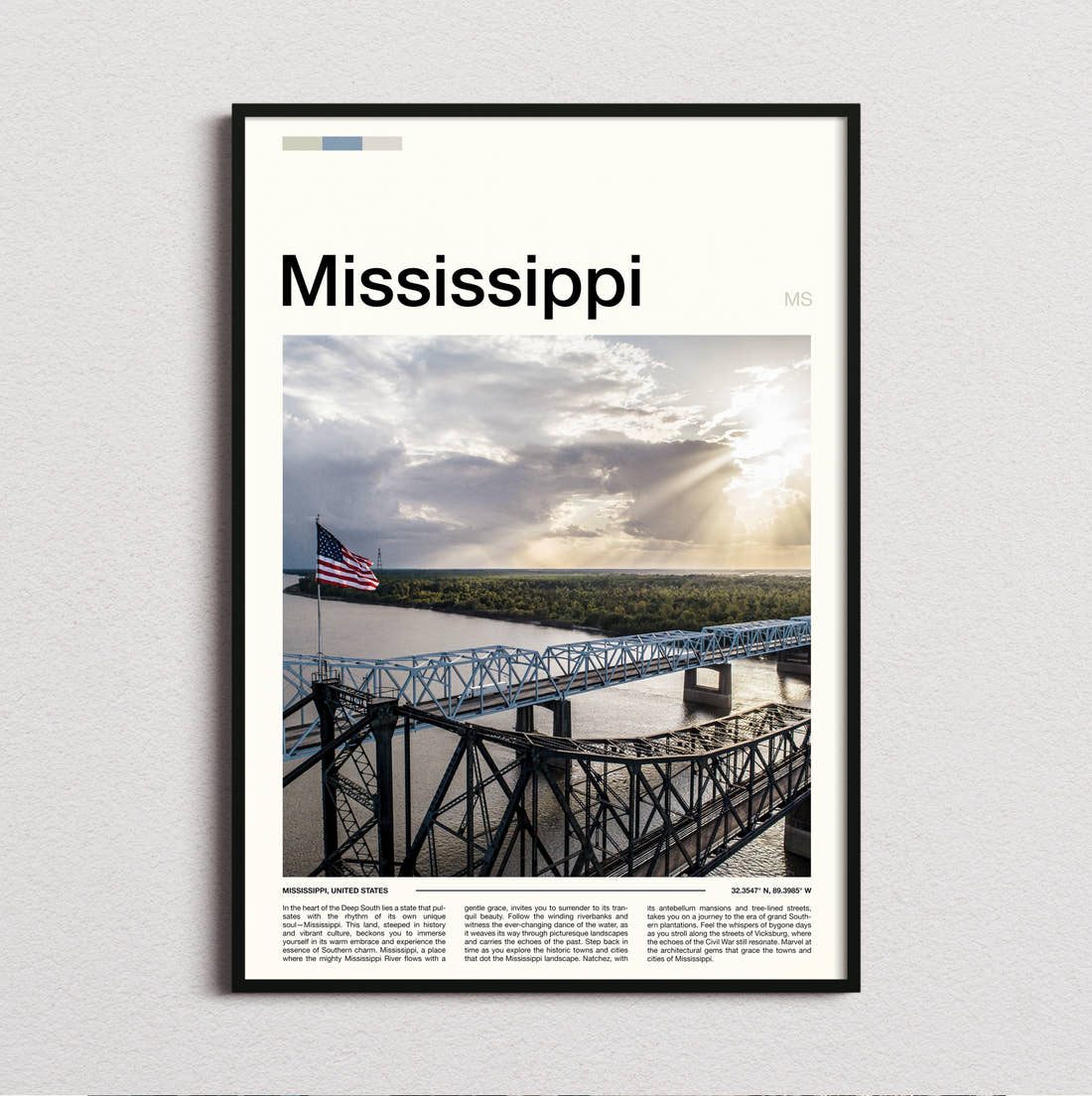 Mississippi Steel Truss Bridge Travel Print framed and photographed straight on