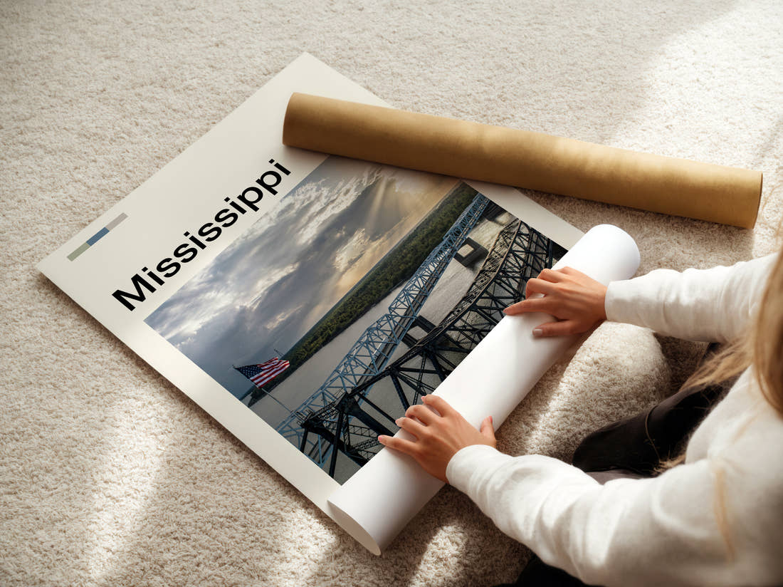 Mississippi Steel Truss Bridge Travel Print being unrolled from its postal tube