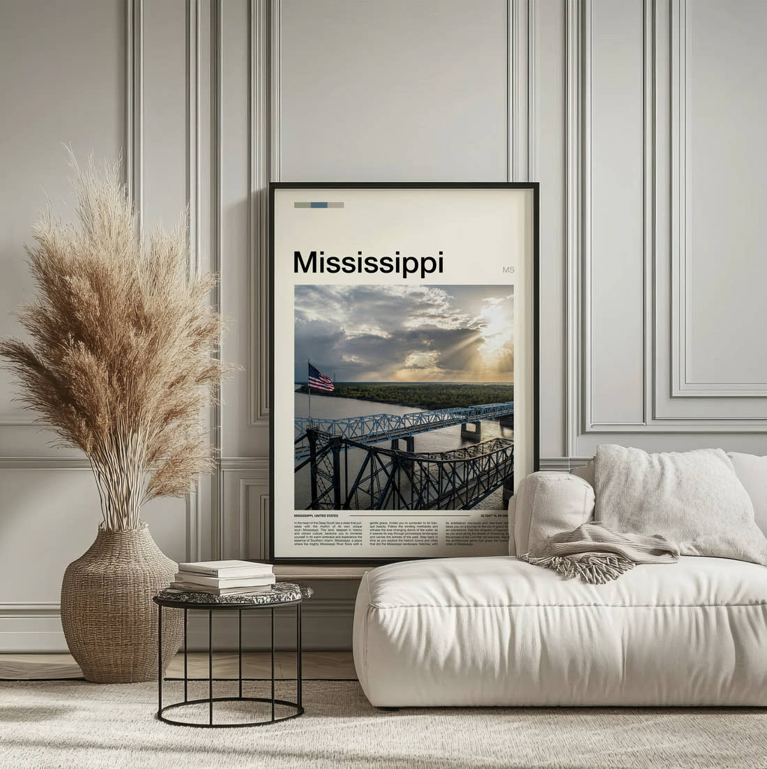 Mississippi Steel Truss Bridge Travel Print framed on the wall of a calm, neutral bedroom