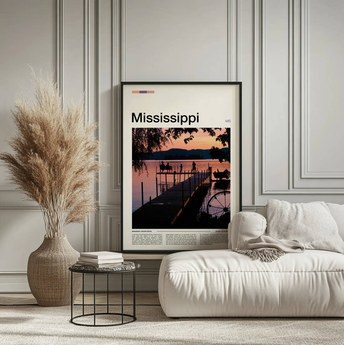 Mississippi Pier At Sunset Travel Print framed on the wall of a calm, neutral bedroom