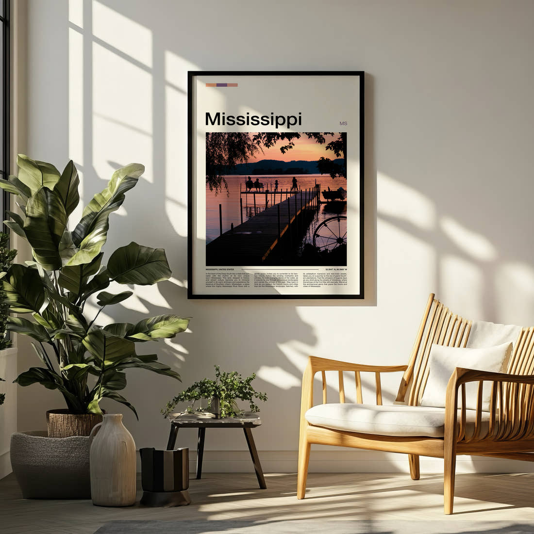 Mississippi Pier At Sunset Travel Print framed on a pale wall beside houseplants