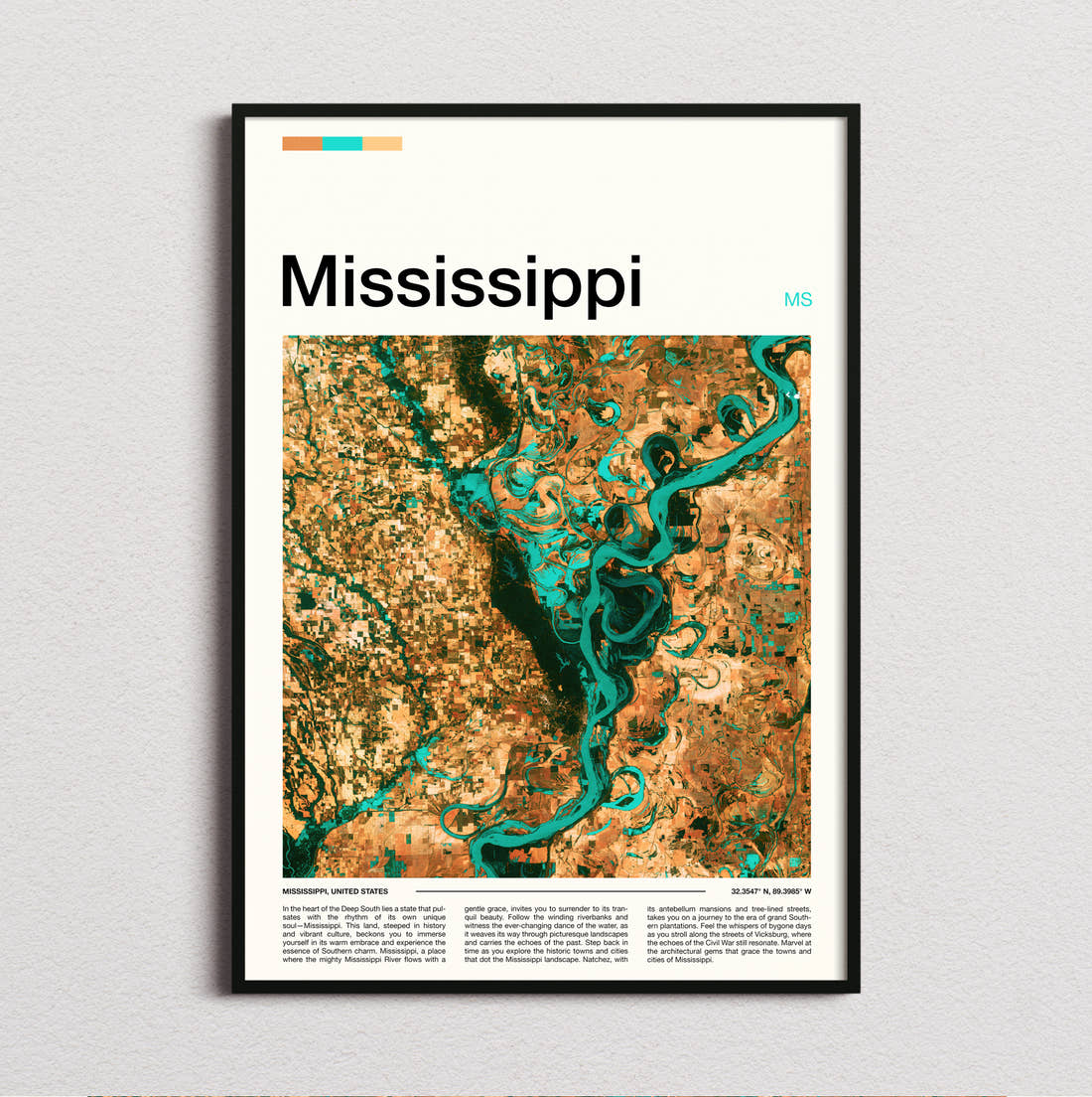 Mississippi Meandering River Travel Print framed and photographed straight on