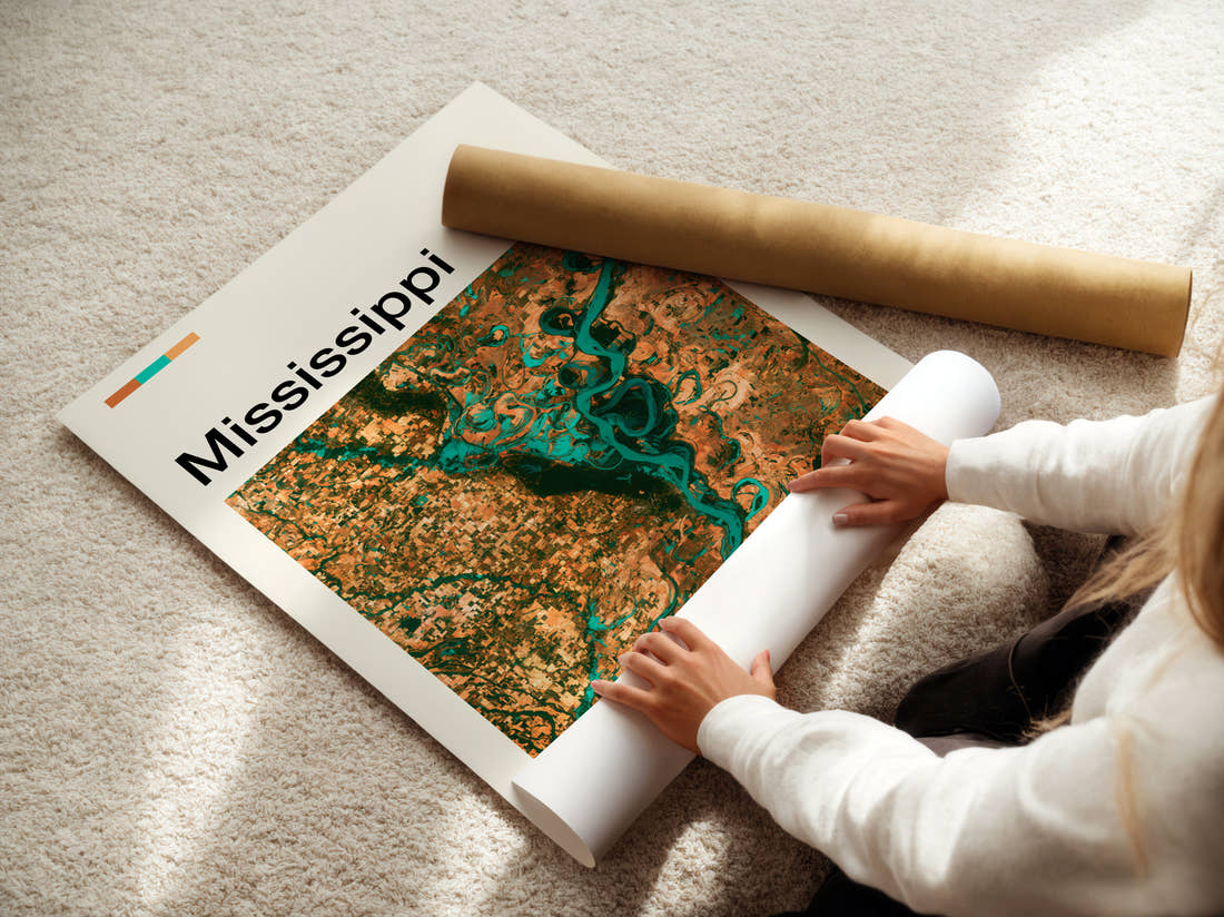 Mississippi Meandering River Travel Print being unrolled from its postal tube