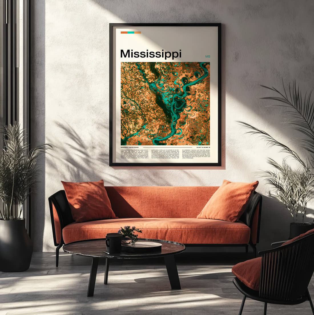 Mississippi Meandering River Travel Print framed on the wall of a modern living room