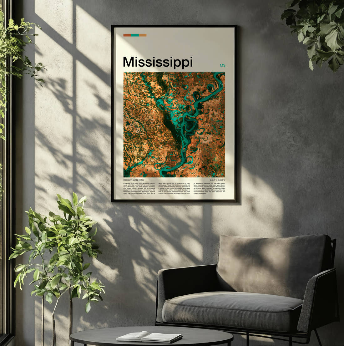 Mississippi Meandering River Travel Print framed on the wall of a relaxed living room