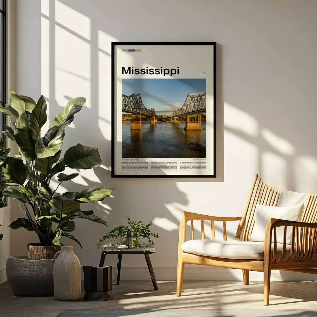 Mississippi Two Bridges Travel Print framed on a pale wall beside houseplants