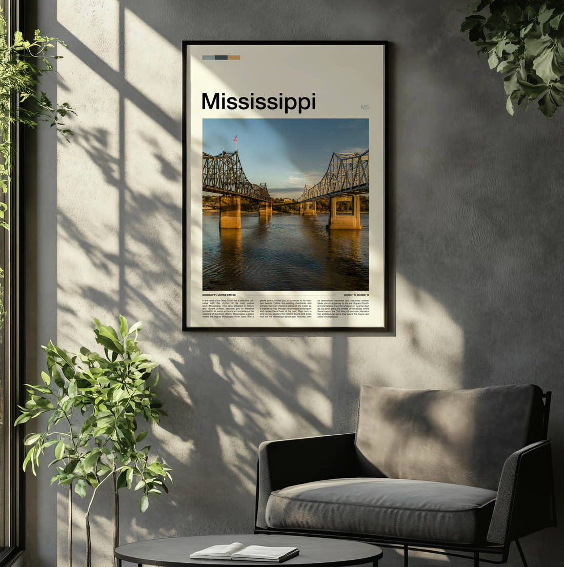 Mississippi Two Bridges Travel Print framed on the wall of a relaxed living room