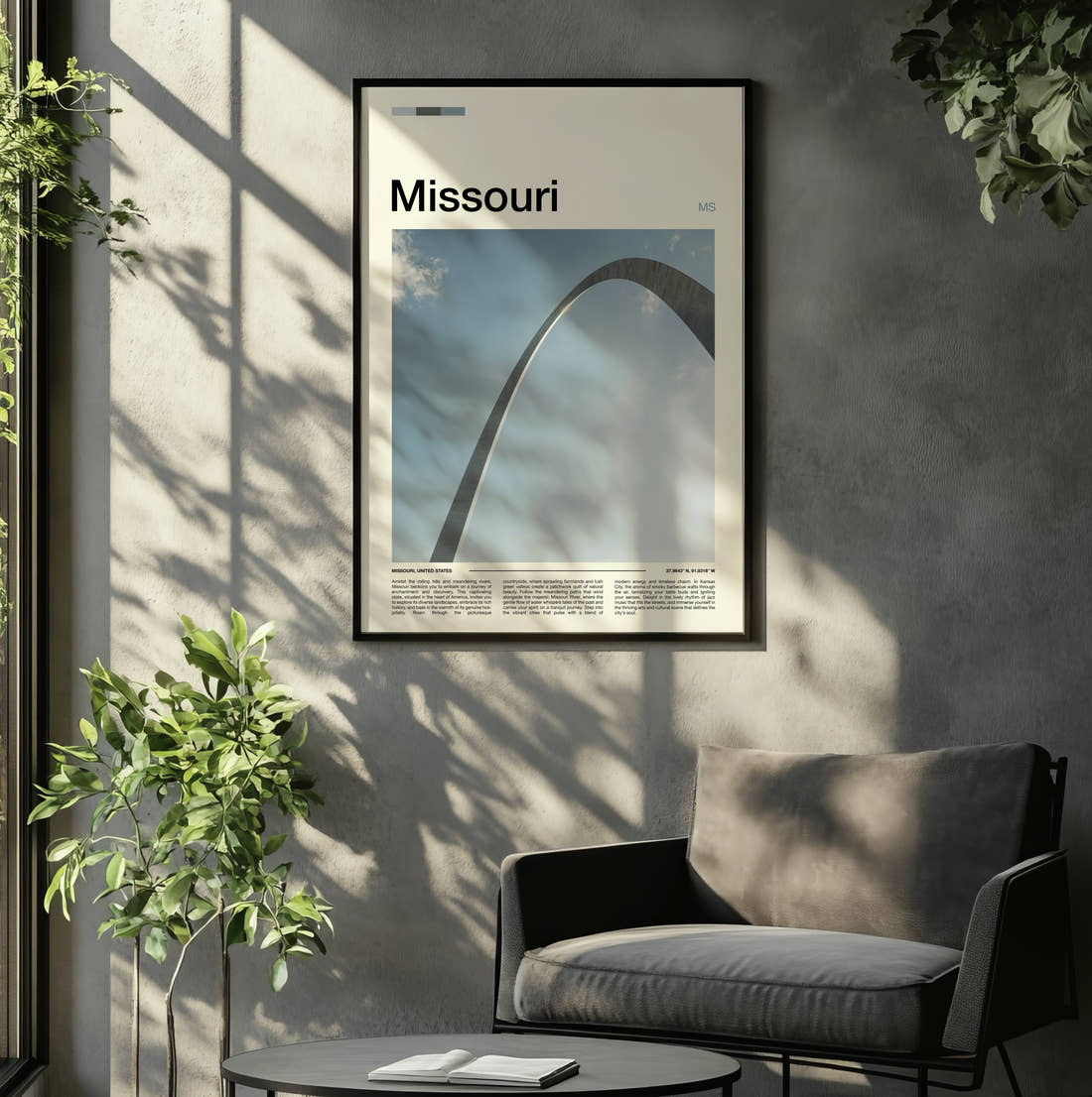 Missouri Gateway Arch Travel Print framed on the wall of a relaxed living room