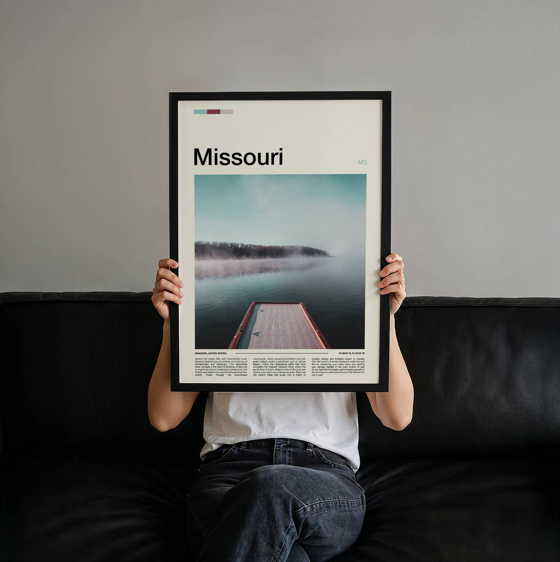 Missouri Misty Lake Pier Travel Print held up by hand to show the size of the print