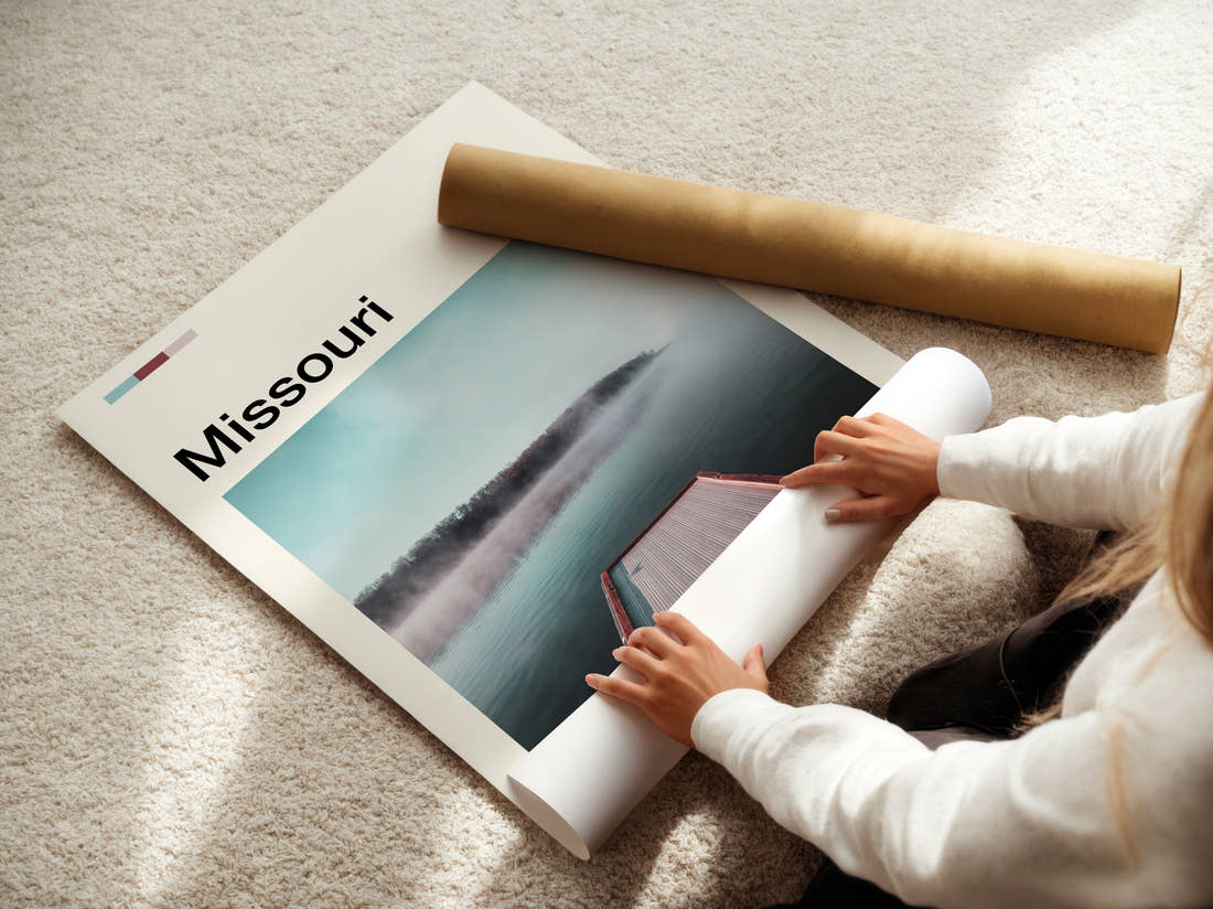 Missouri Misty Lake Pier Travel Print being unrolled from its postal tube