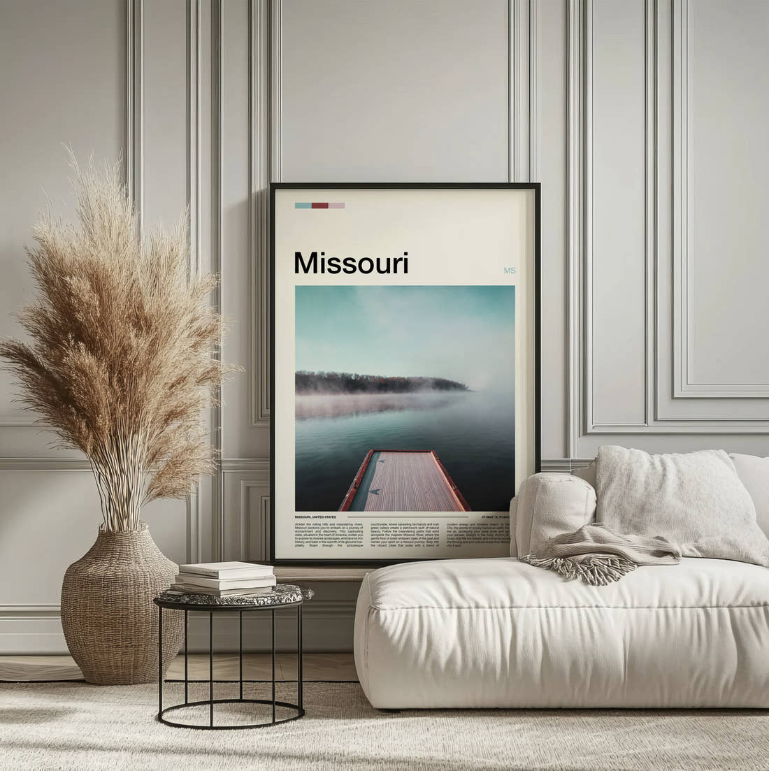 Missouri Misty Lake Pier Travel Print framed on the wall of a calm, neutral bedroom