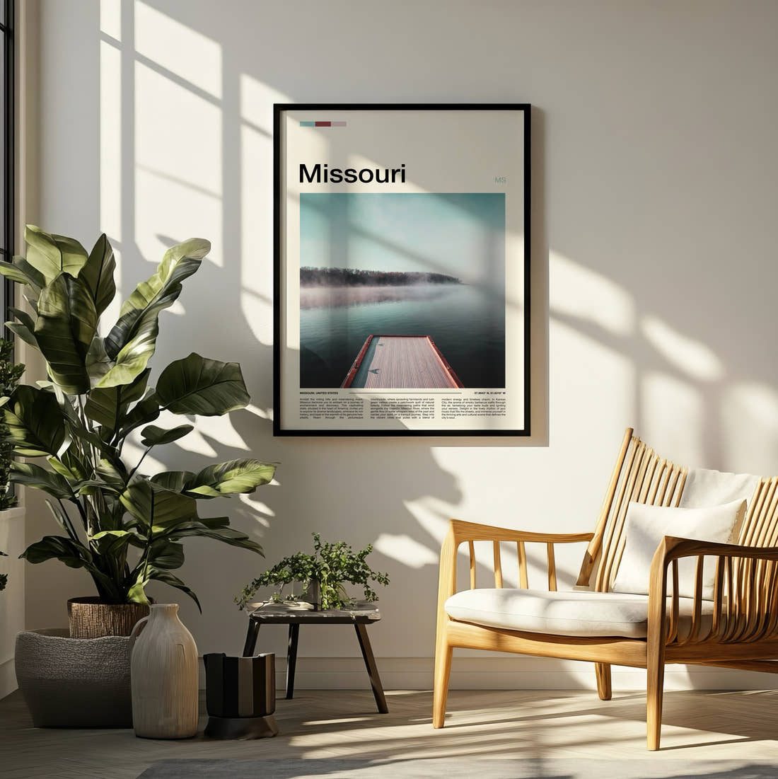 Missouri Misty Lake Pier Travel Print framed on a pale wall beside houseplants