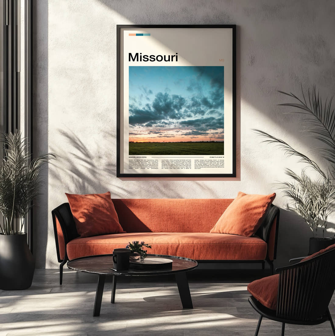 Missouri Dramatic Clouds Travel Print framed on the wall of a modern living room