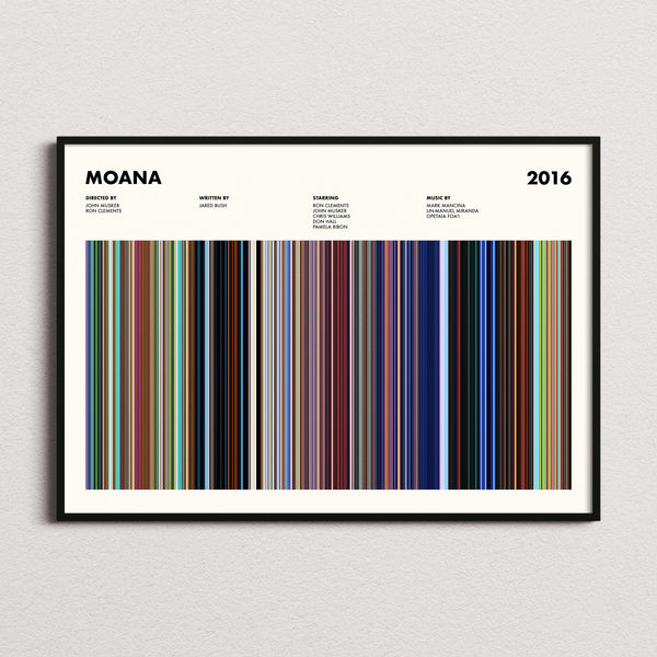 Moana Movie Barcode Poster framed and photographed straight on