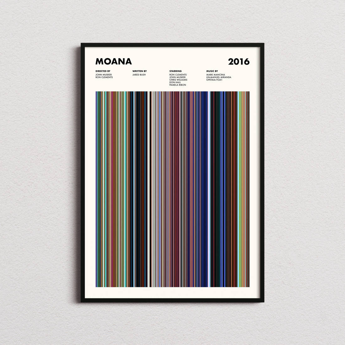 Moana Movie Barcode Poster framed on a plain studio wall