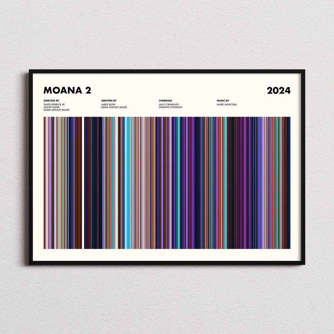 Moana 2 Movie Barcode Poster framed and photographed straight on