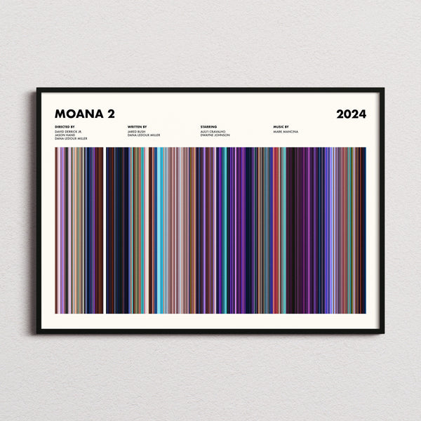 Moana 2 Movie Barcode Poster framed and photographed straight on