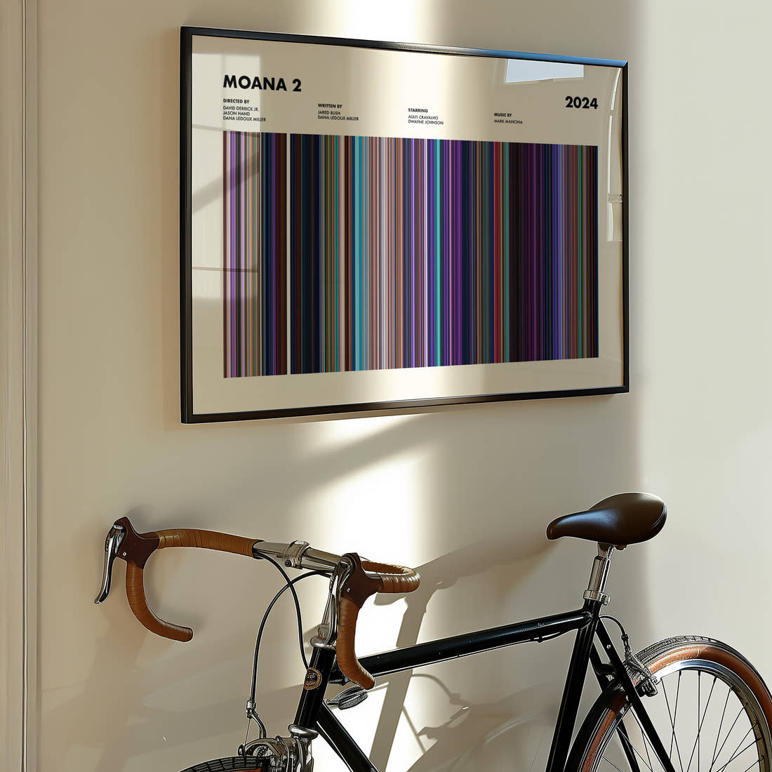 Moana 2 Movie Barcode Poster framed on the wall of a styled room setting