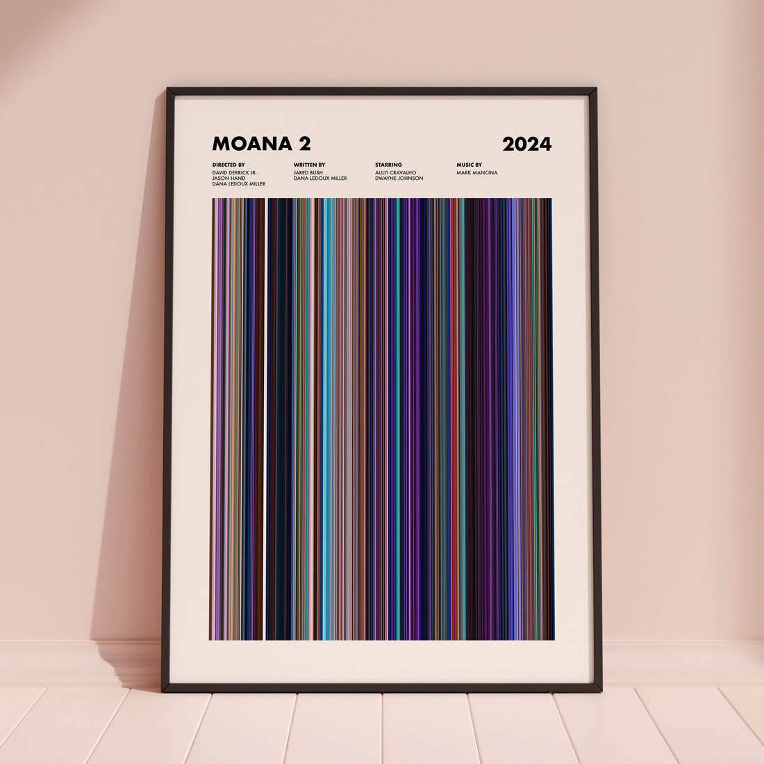 Moana 2 Movie Barcode Poster framed and leaning against a coloured wall