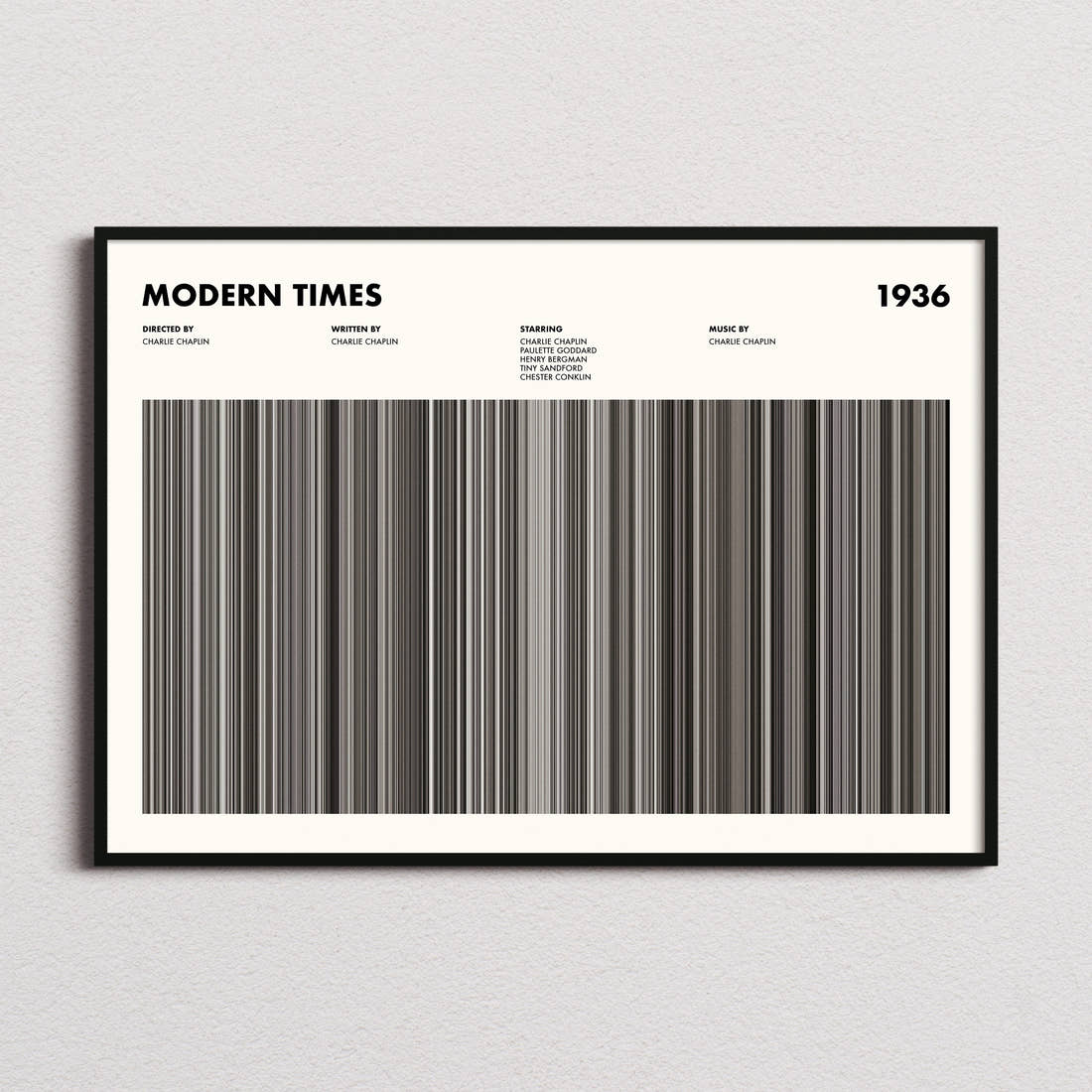 Modern Times Movie Barcode Poster framed and photographed straight on