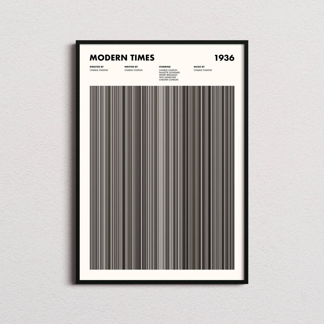 Modern Times Movie Barcode Poster framed on a plain studio wall