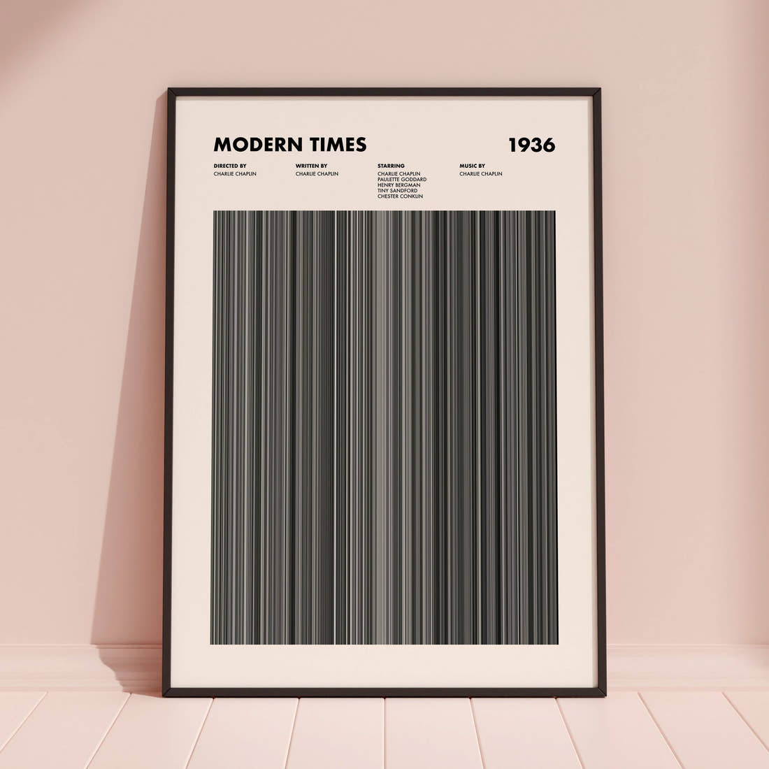 Modern Times Movie Barcode Poster framed and leaning against a coloured wall