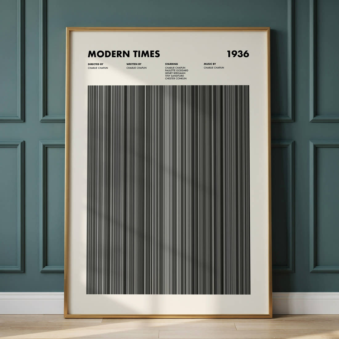 Modern Times Movie Barcode Poster framed and leaning against a panelled wall