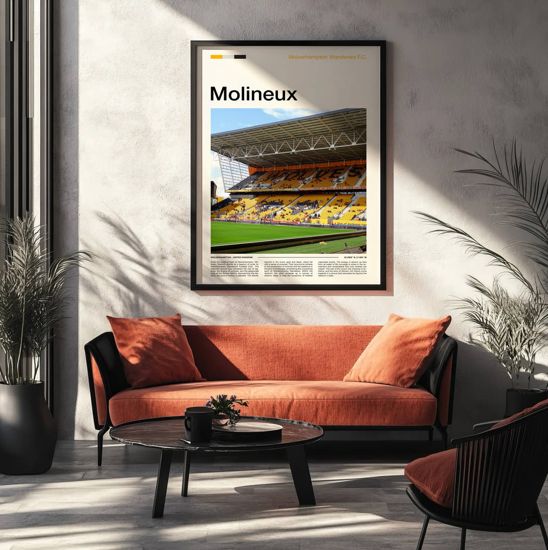 Molineux Stadium Print framed on the wall of a modern living room