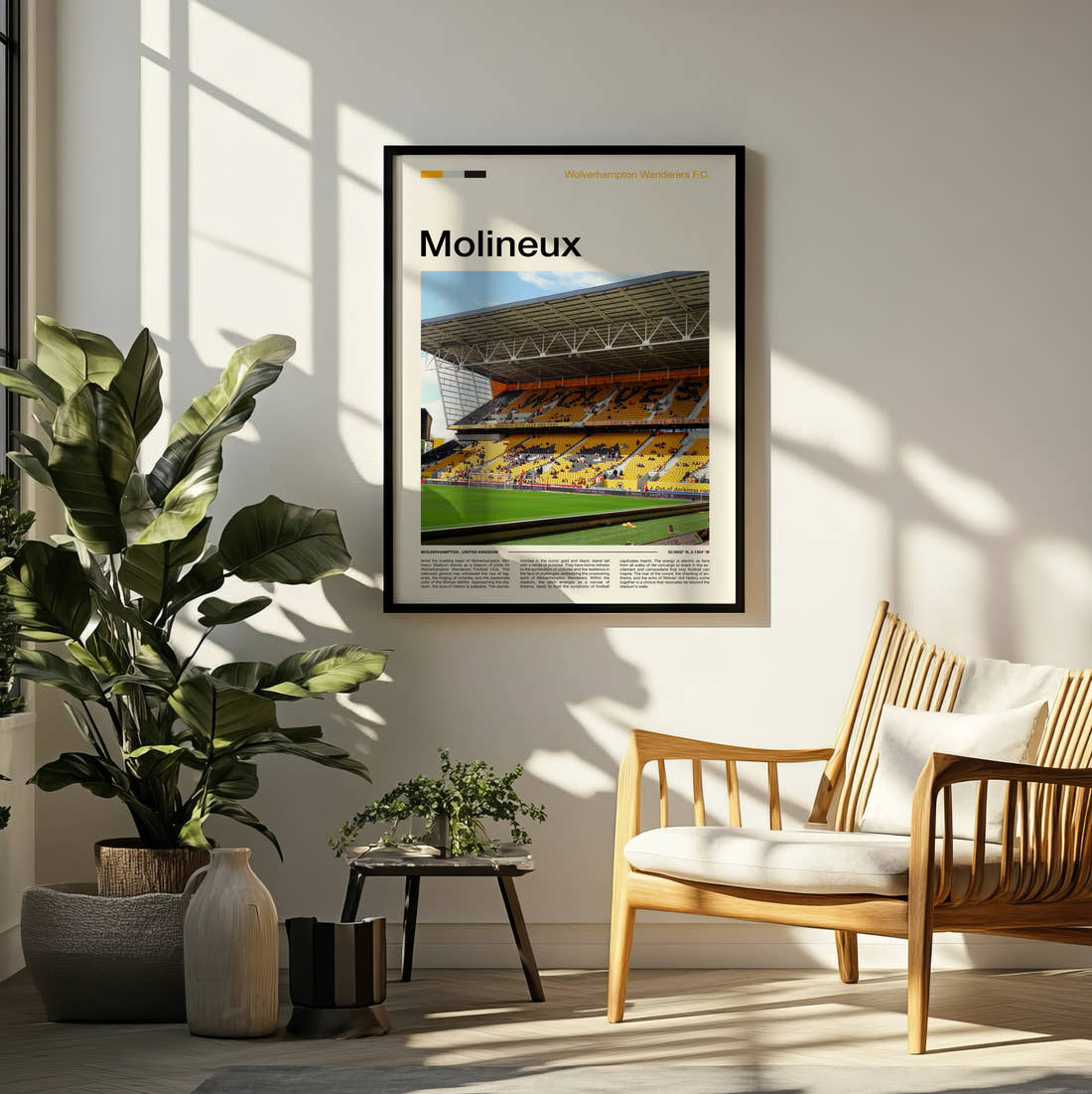 Molineux Stadium Print framed on a pale wall beside houseplants